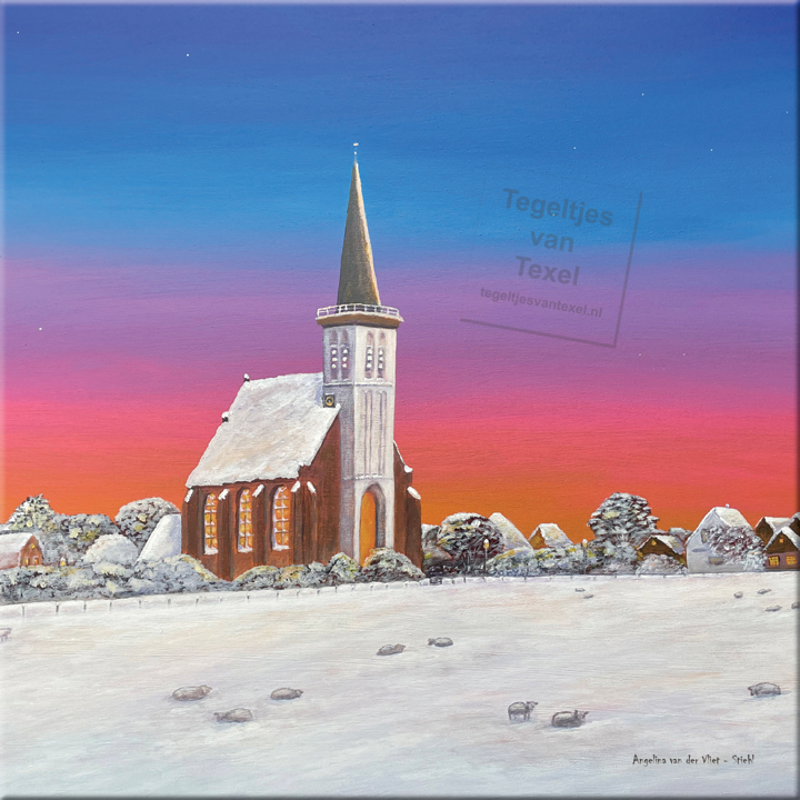 Tegeltjes van Texel met het Hoornder Kerkje in de sneeuw door Angelina van der Vliet Stiehl
